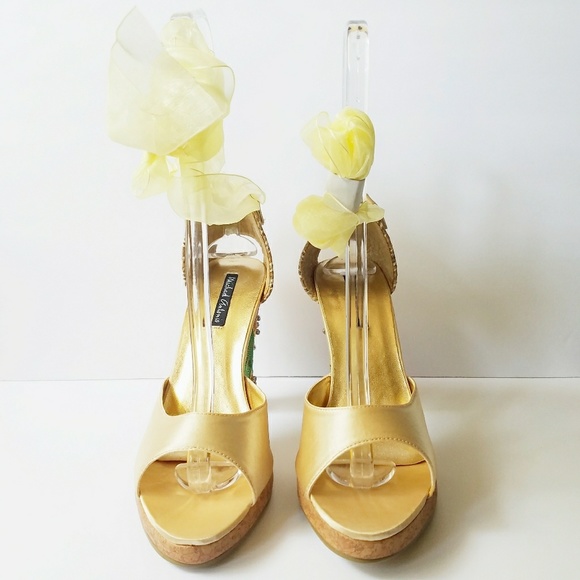 Satin Jeweled Flower Embellished Cork Heels - Picture 2 of 7